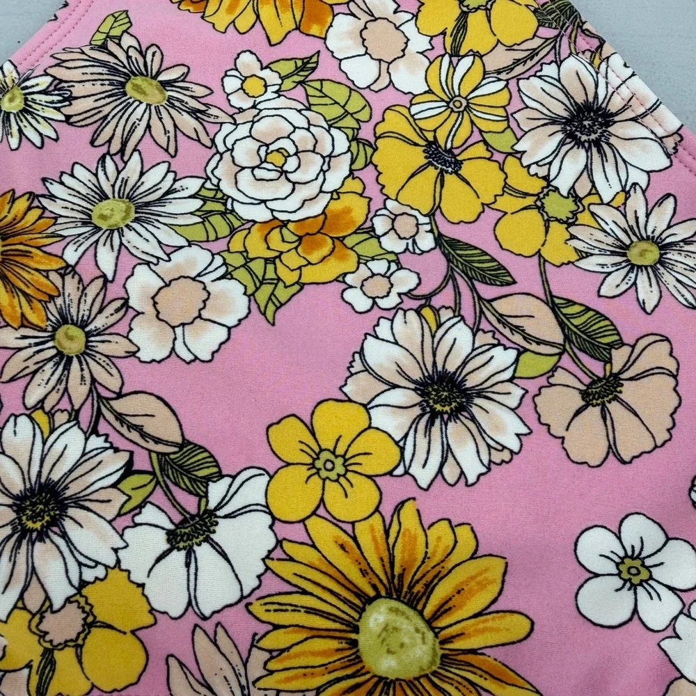 High Neck Halter Bikini Top Women M Pink Yellow Floral Retro Excellent Beach